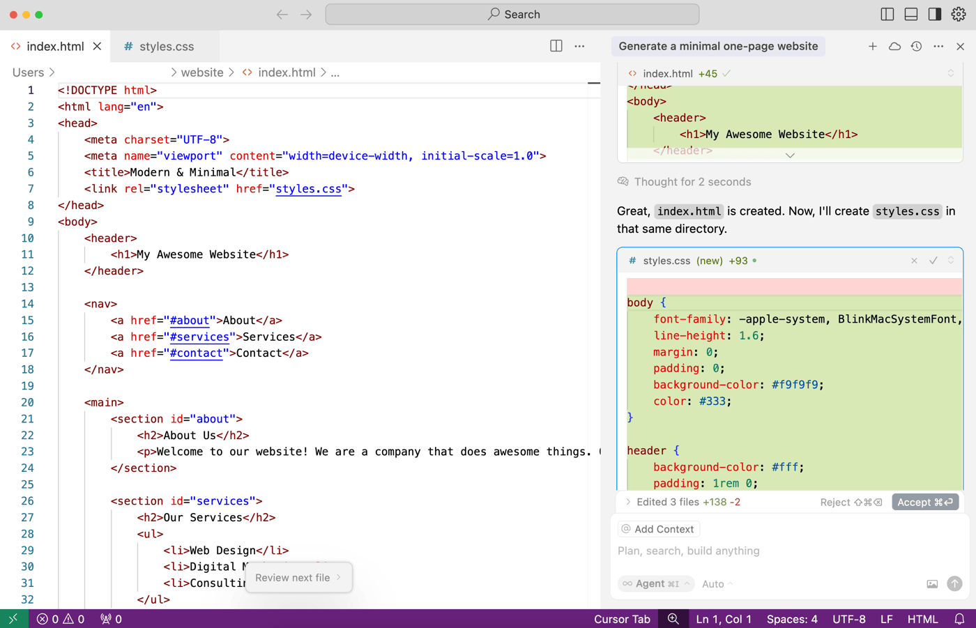 Creating a simple website with AI in Cursor